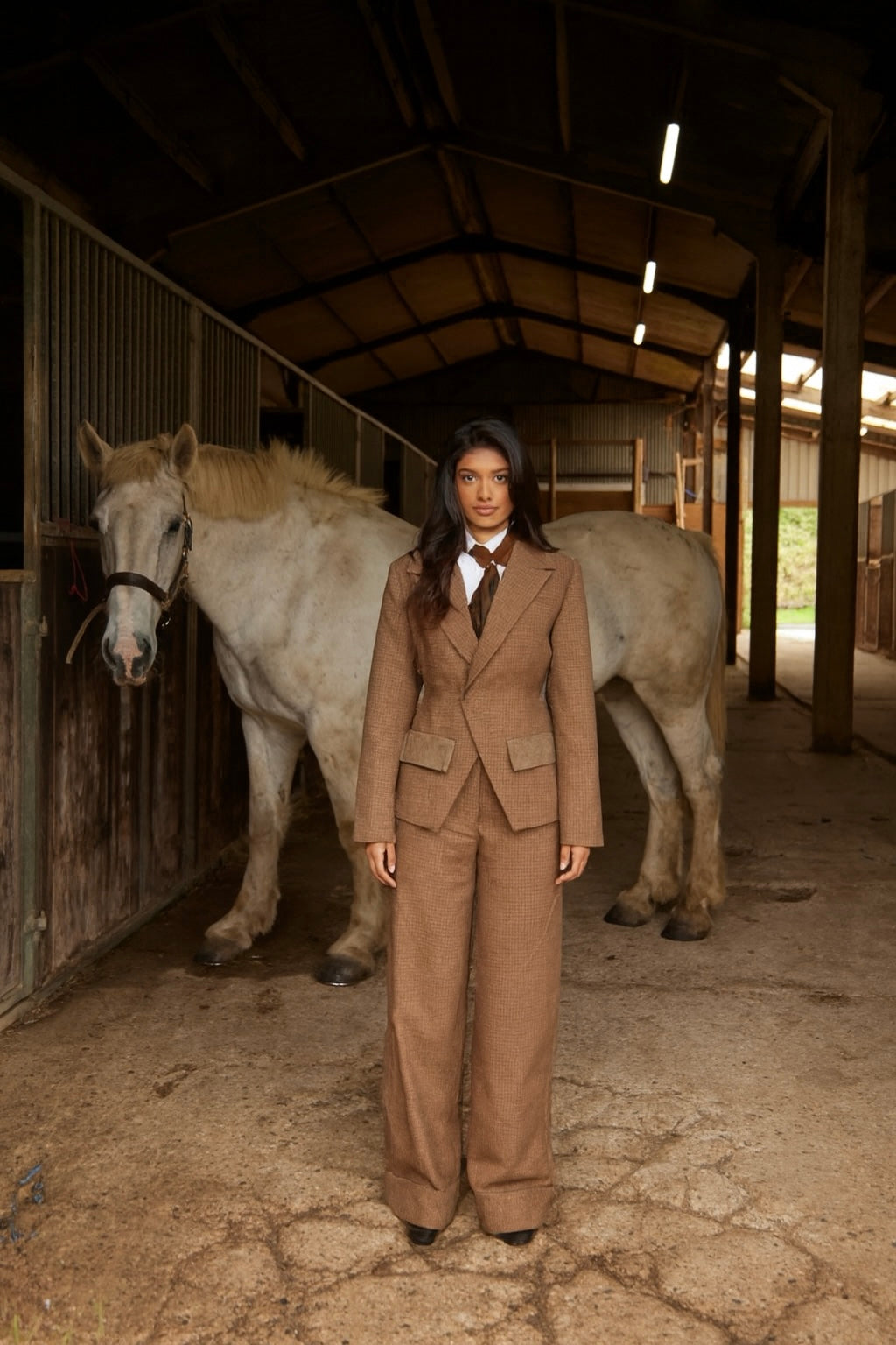 Person in a brown suit standing next to a white horse in a stable.